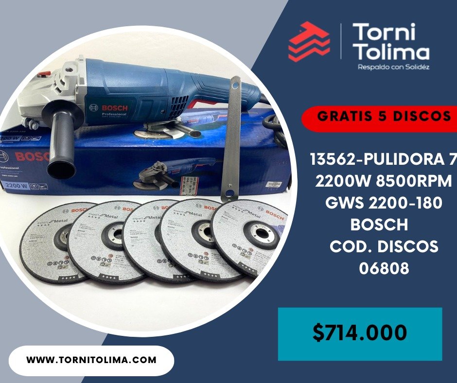 Pulidora 7 2200W 8500RPM GWS 2200-180 BOSCH Contacto (+57) (8) 2642345 - (+57) 317 429 9678 - (+57) 316 474 4451 Calle 25 #5 - 75. Barrio El Carmen, Ibagué, Tolima